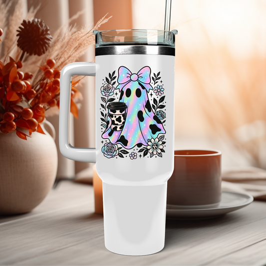 40oz HOLOGRAPHIC COW COFFEE GHOST UV DTF CUP DECAL