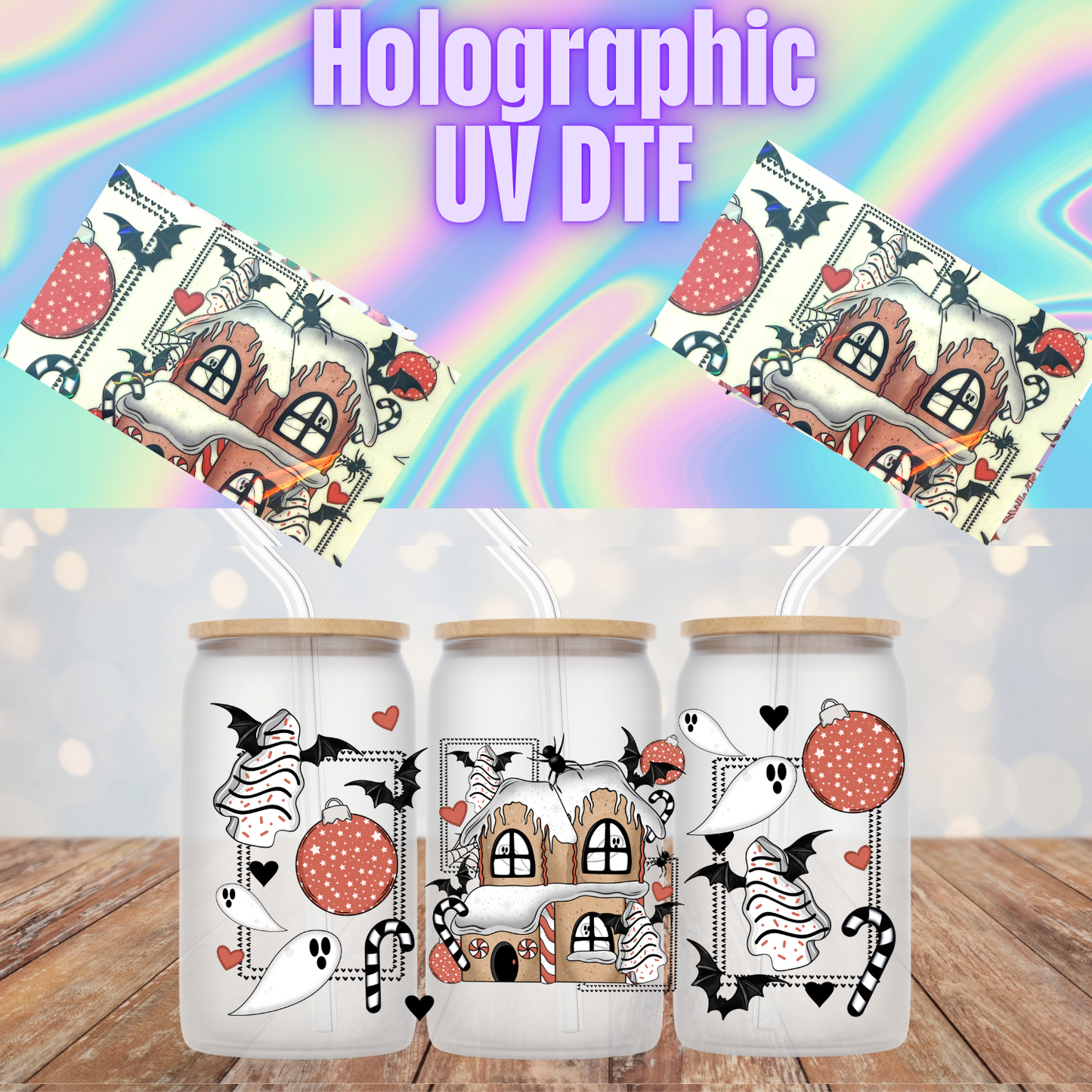 HOLOGRAPHIC CREEPY GINGY BREAD HOUSE UV DTF CUP WRAP
