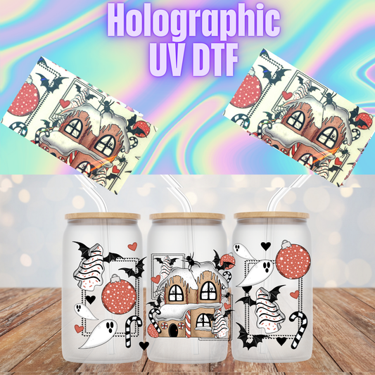 HOLOGRAPHIC CREEPY GINGY BREAD HOUSE UV DTF CUP WRAP