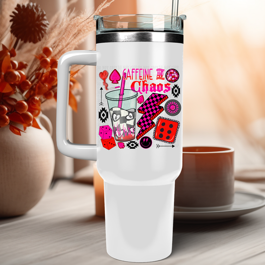 40oz CAFFEINE AND CHAOS RED CHCECKERED UV DTF CUP DECAL