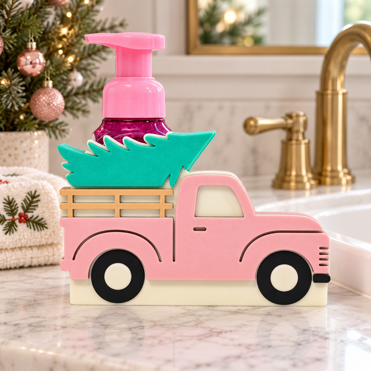 Tree Truck Soap Bottle Holder | Pink Christmas Bathroom Decor