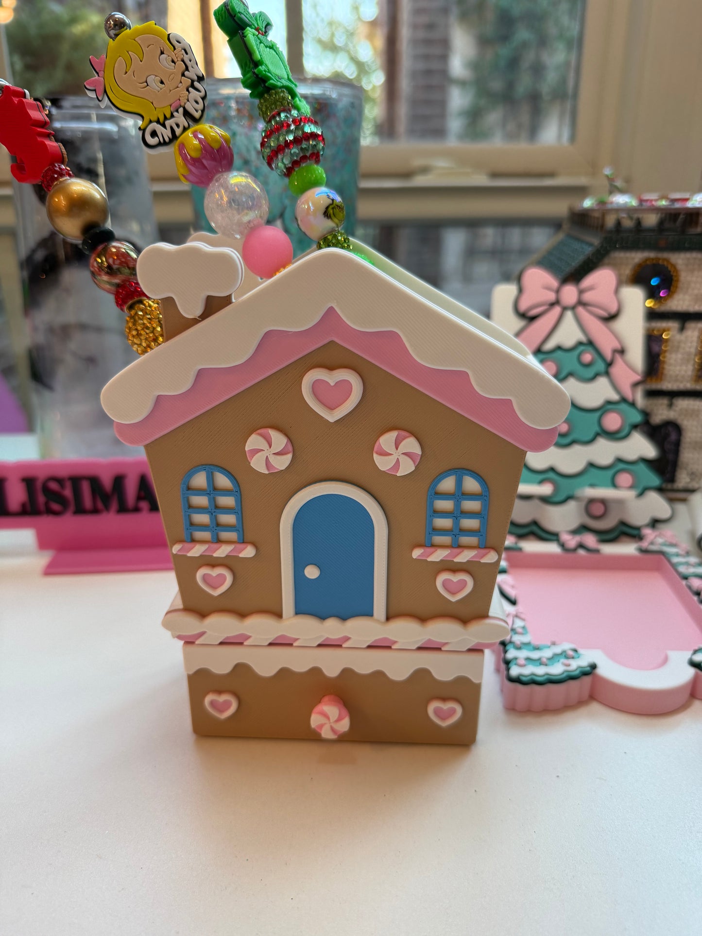 Pink Nutcracker or Gingerbread House Pen Holder with Drawer | Christmas Desk Organizer