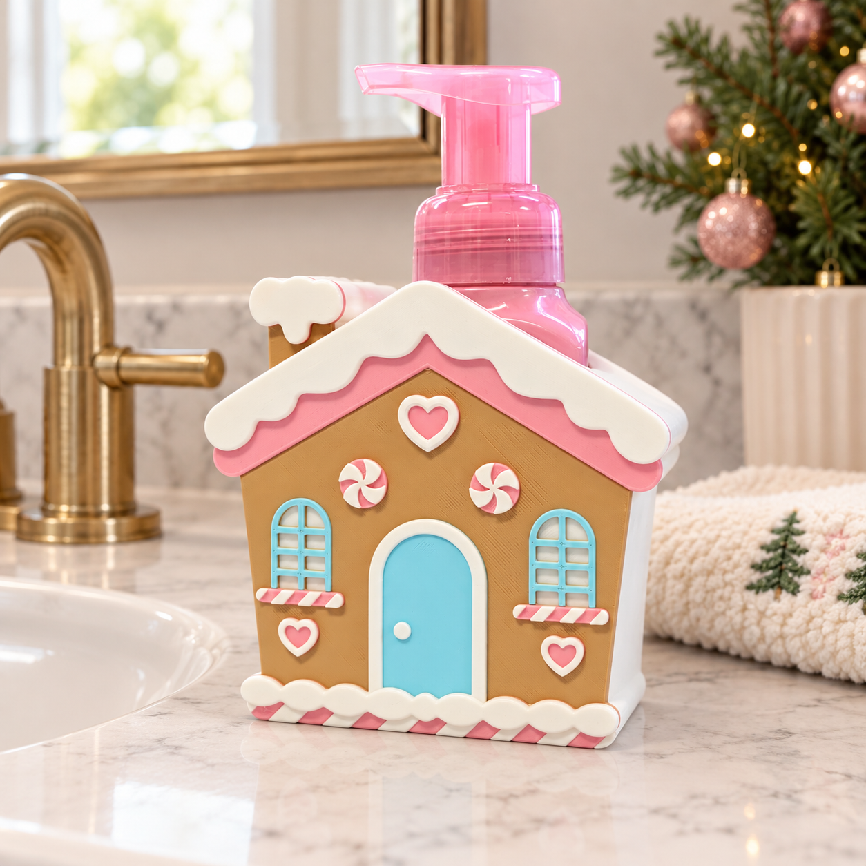 Gingerbread House Soap Bottle Holder | Pink Christmas Bathroom Decor