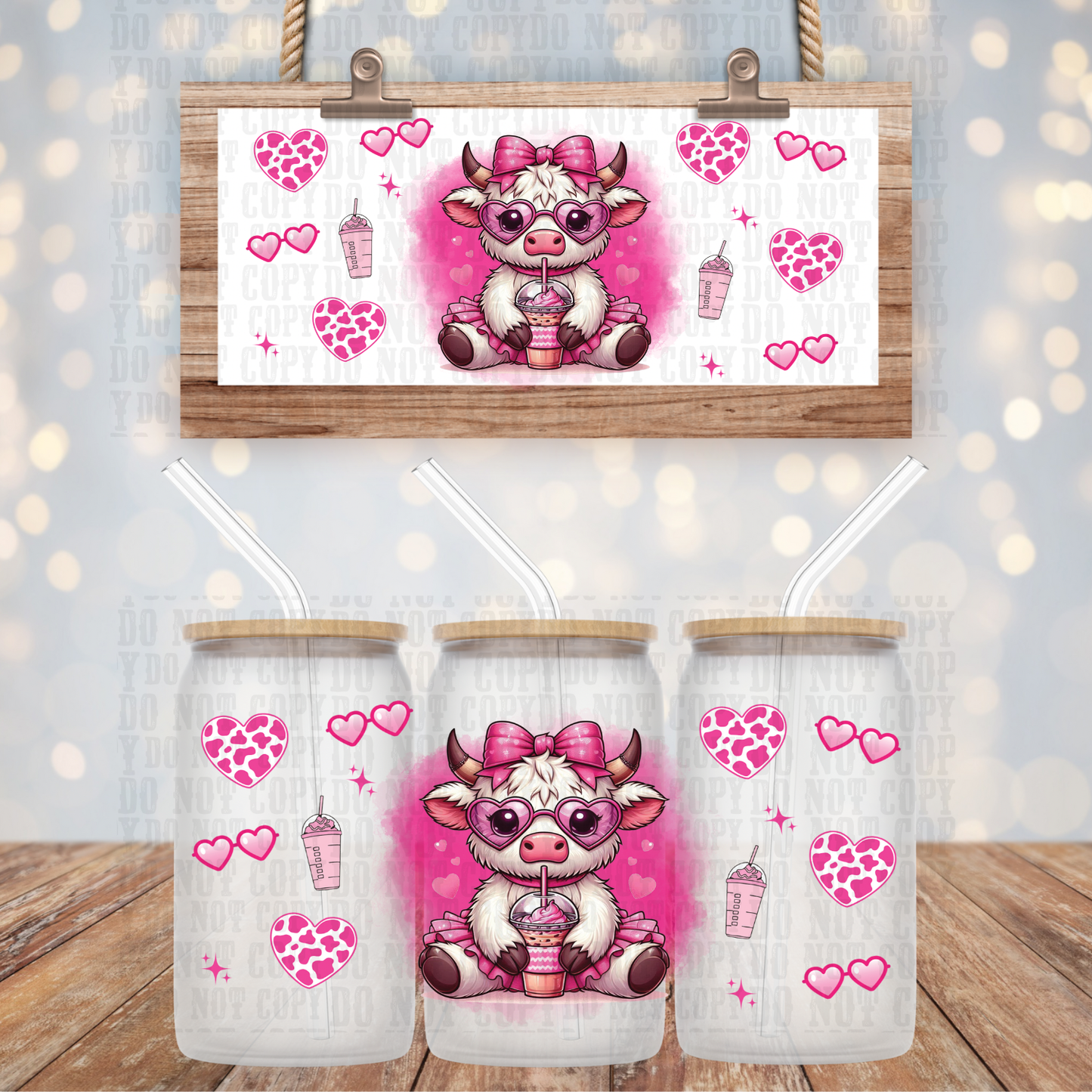PINK HEART COW COFFEE  UV DTF CUP WRAP