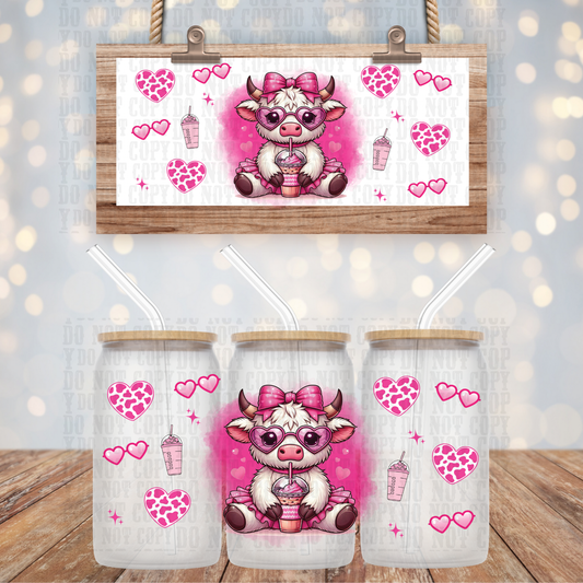 PINK HEART COW COFFEE UV DTF CUP WRAP