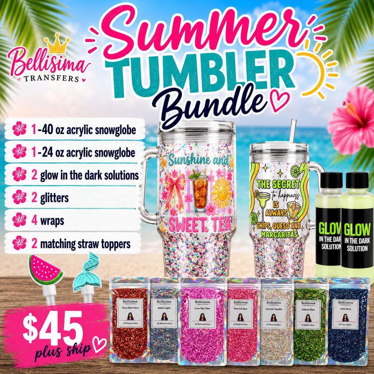 Summer Tumbler Bundle Kit | Acrylic Snowglobe Tumblers, Glitter, Wraps & Glow Solution