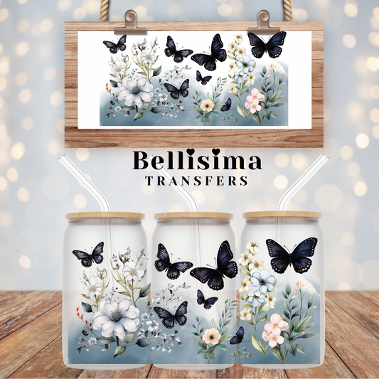 Black Butterfly Floral UV DTF Cup Wrap