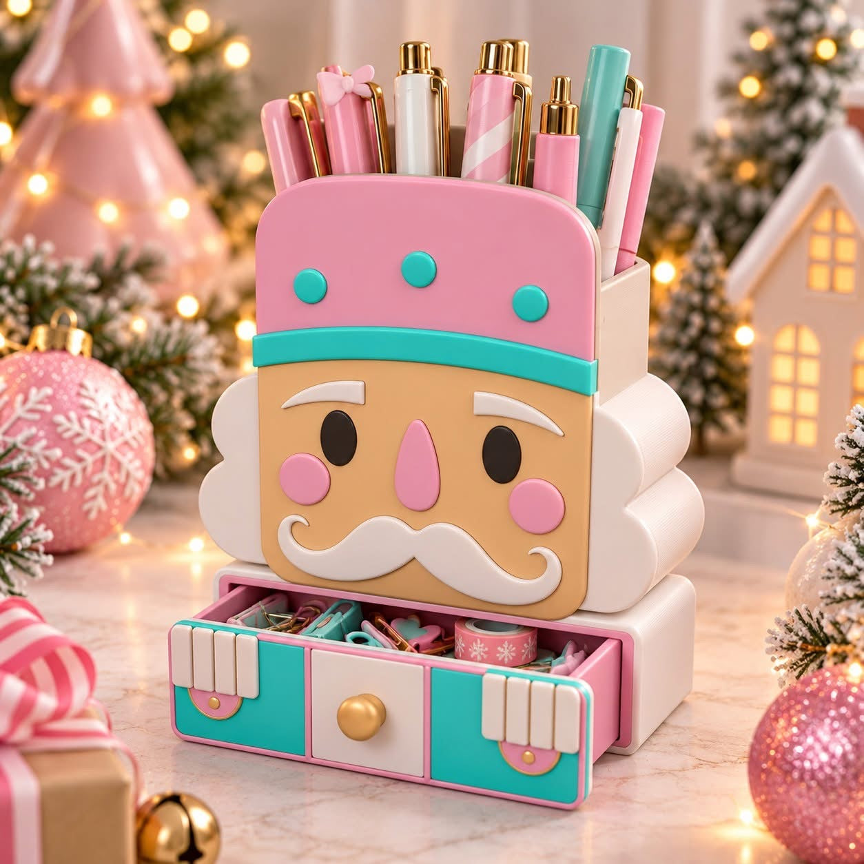 Pink Nutcracker or Gingerbread House Pen Holder with Drawer | Christmas Desk Organizer