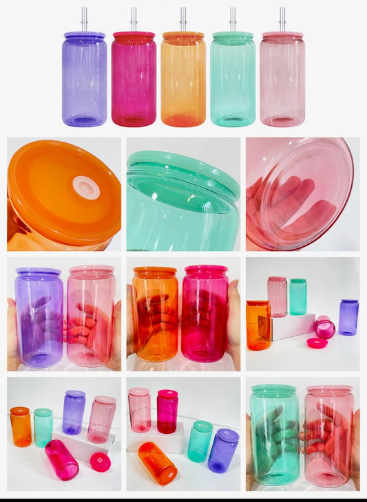 Jelly Glass Cans 16 oz with  Colored Lids and straws