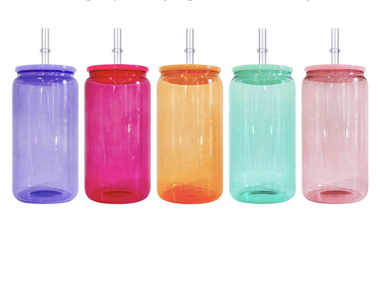 Jelly Glass Cans 16 oz with  Colored Lids and straws