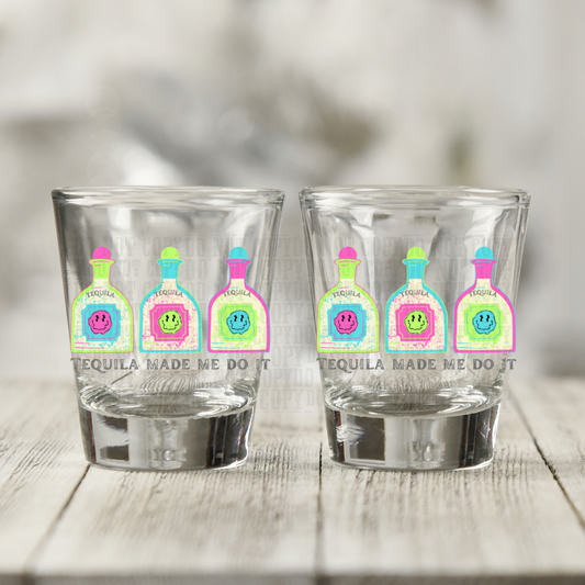 Neon Smiley Tequila Made Me Do It UV DTF Shot Glass Decal